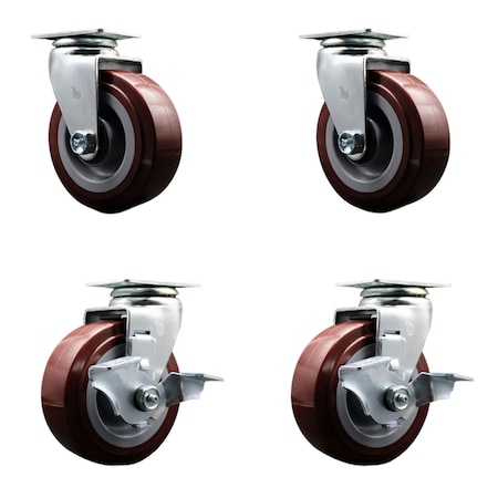 Service Caster 5 Inch Poly on Polyolefin Swivel Caster Set with Roller Bearings 2 Brakes SCC SCC-20S520-PPUR-2-TLB-2